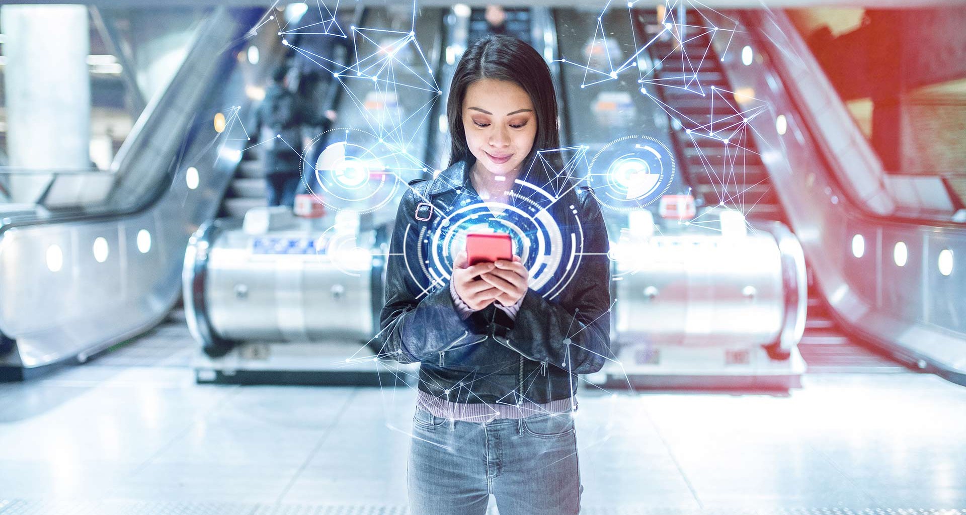 Chica con celular en mano, en la ilustración hay hologramas alrededor para representar la realidad aumentada